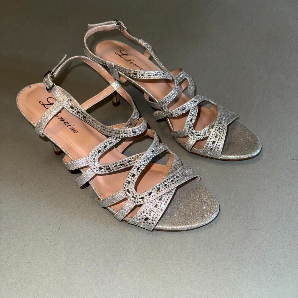 Lauren Lorraine Remy Womens 9.5 Slingback Silver Rhinestone Casual Stiletto Heel